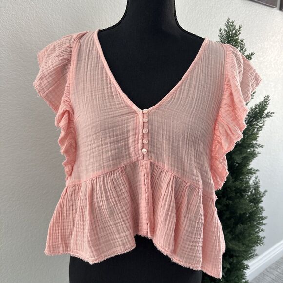 American Eagle Outfitters Tops - American Eagle Light Pink Baby Doll Crop Top Blouse Size Small Ruffled‎ Cotton